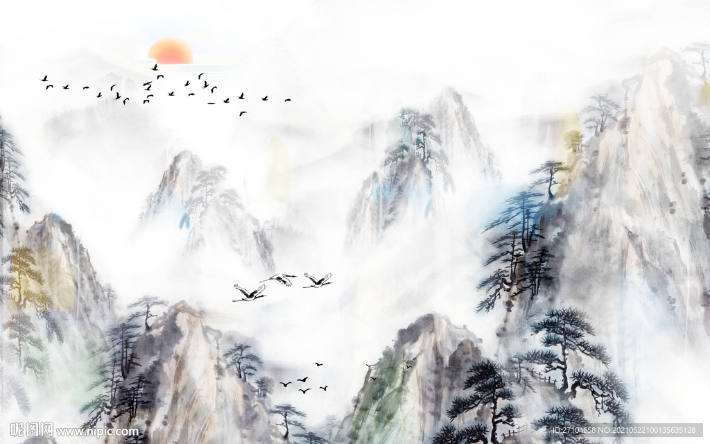 新中式高山飞鸟背景墙