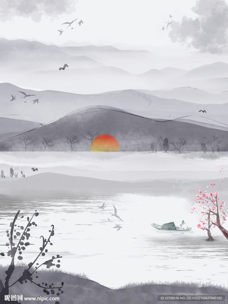 中国风山水水墨意境插画