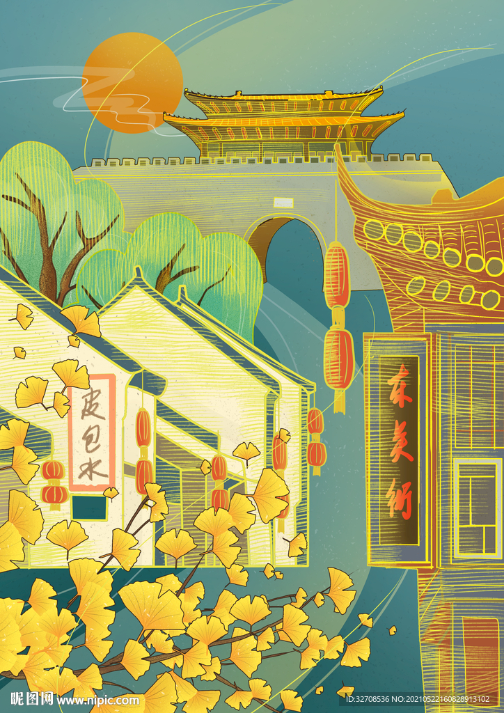 扬州建筑中国风国潮银杏风景插画