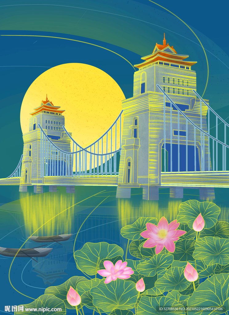 中国风国潮扬州万福大桥建筑风景