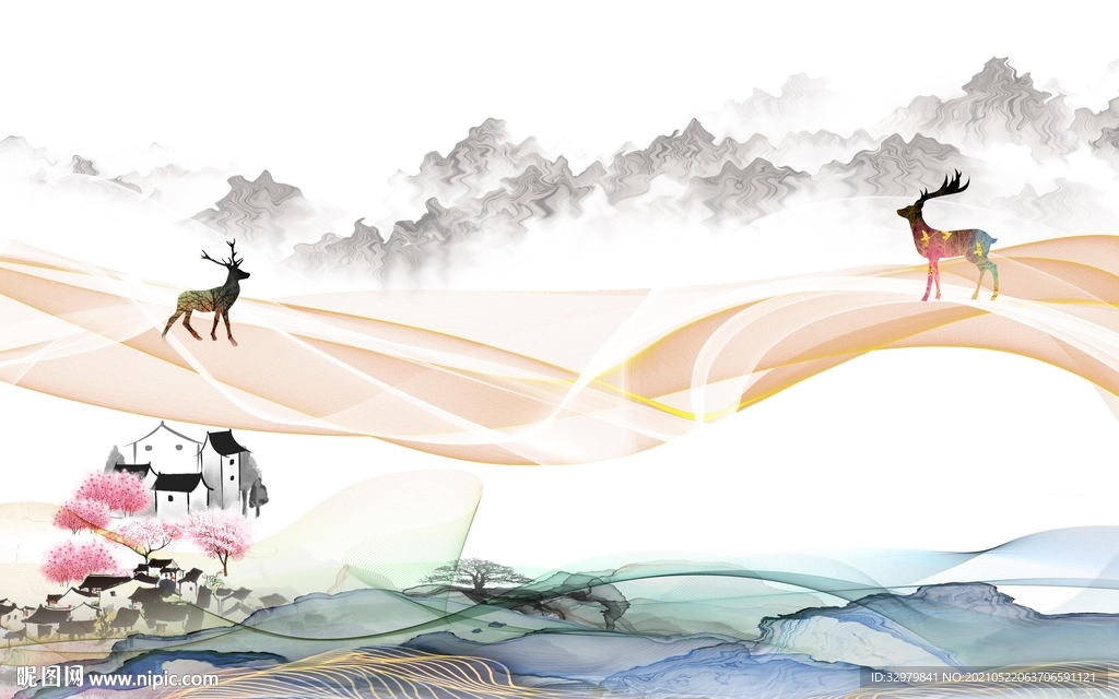 高端客厅意境山水 文件分层 