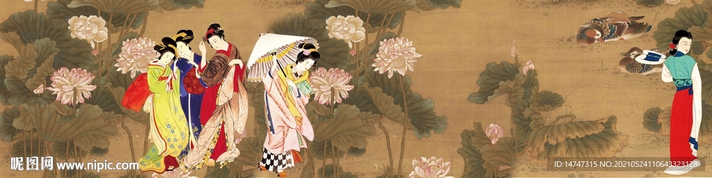 荷花仕女图