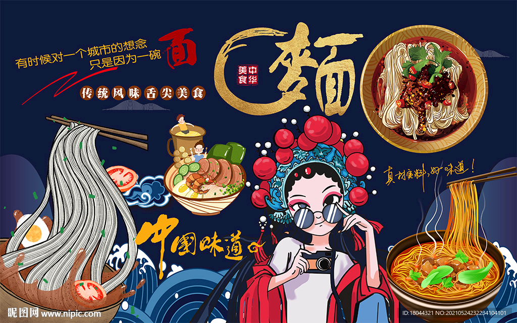 国潮面食美食美女工装背景墙