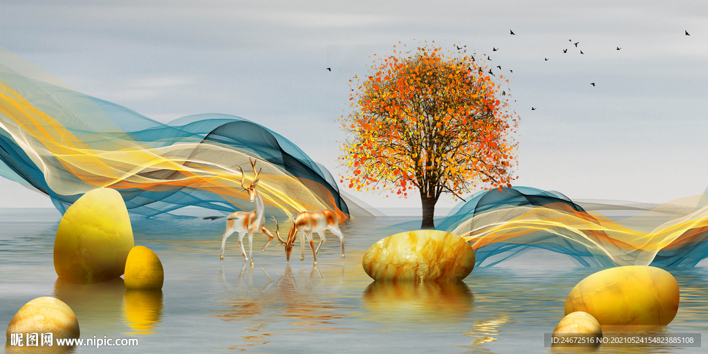 新中式金色麋鹿时来运转图片