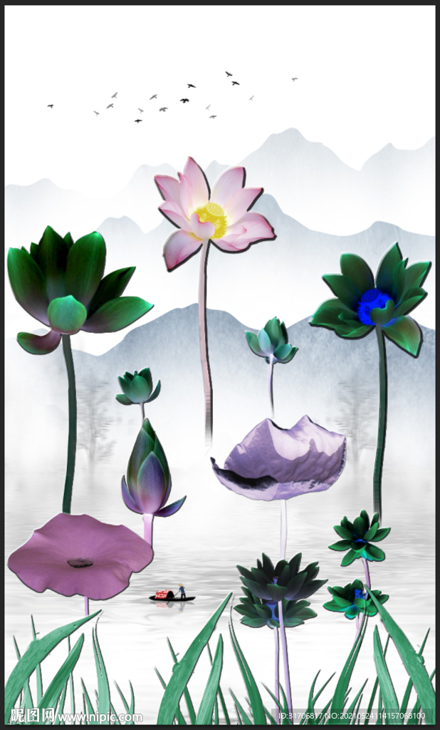 荷花山水画