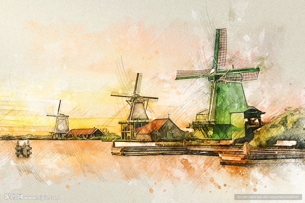 荷兰风车村手绘素描彩绘图