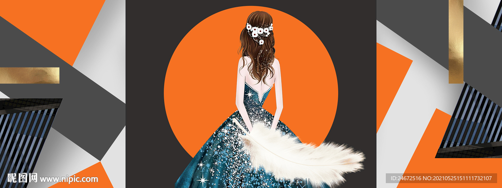 现代轻奢爱马仕橙少女几何装饰画