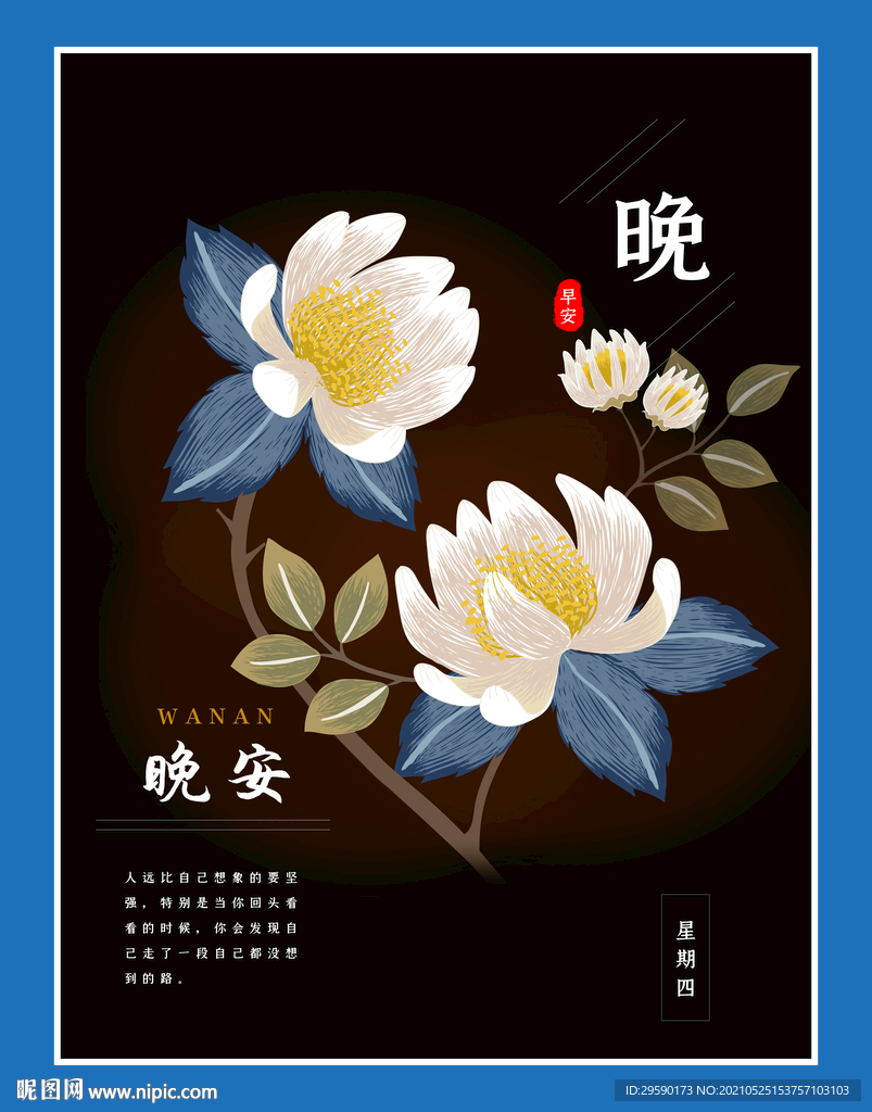 手绘昙花插画励志晚安宣传海报