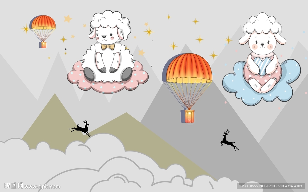 北欧手绘卡通儿童房背景墙