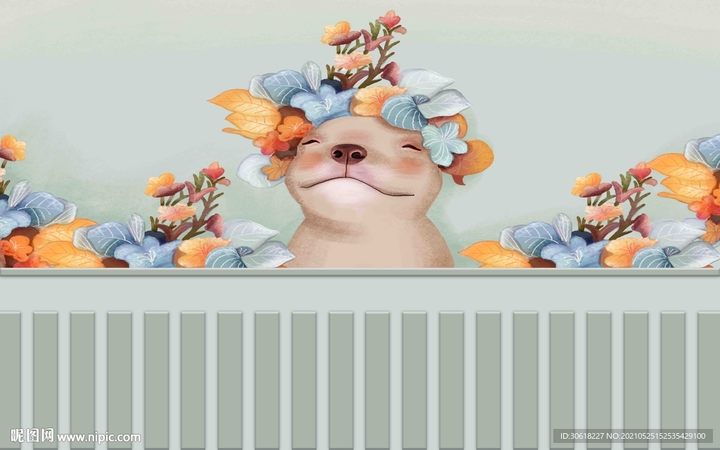 北欧手绘卡通儿童房背景墙