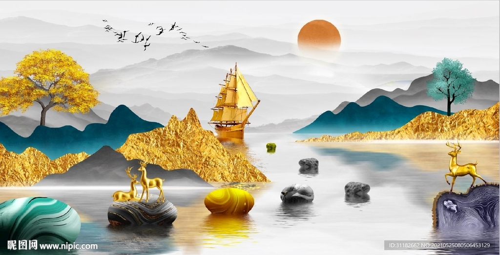 新中式山水一帆风顺装饰画