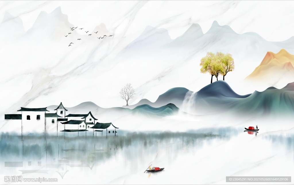 国画山水新中式客厅电视背景墙