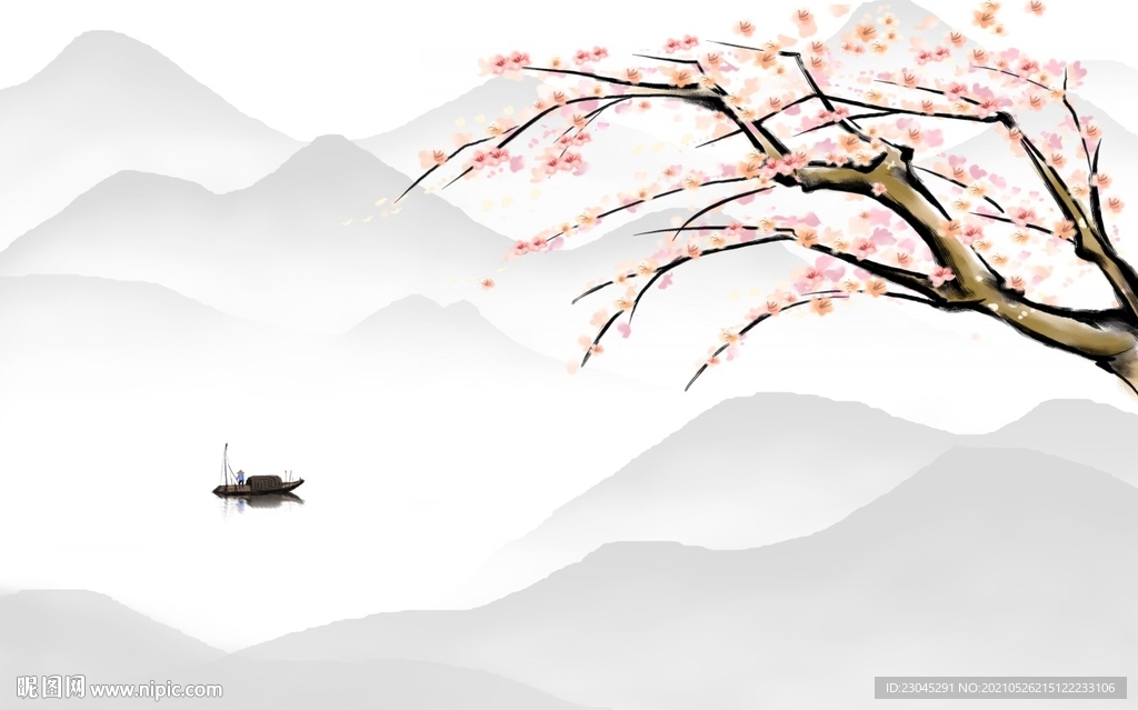 梅花新中式水墨山水背景墙