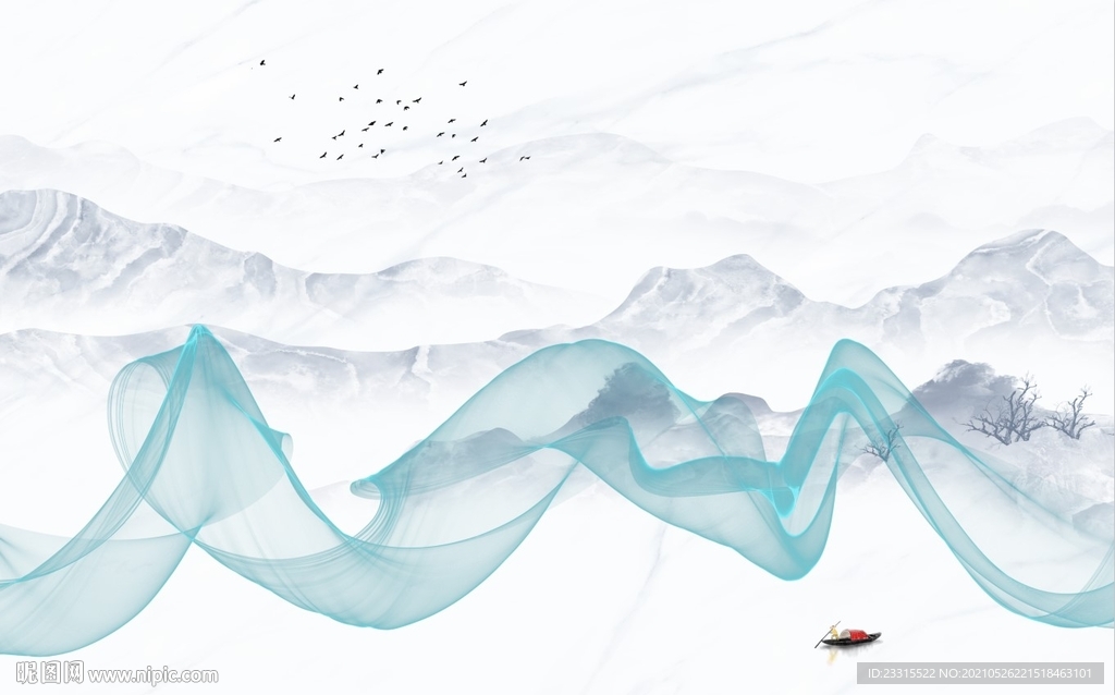 蓝色抽象曲线爵士白山水背景墙