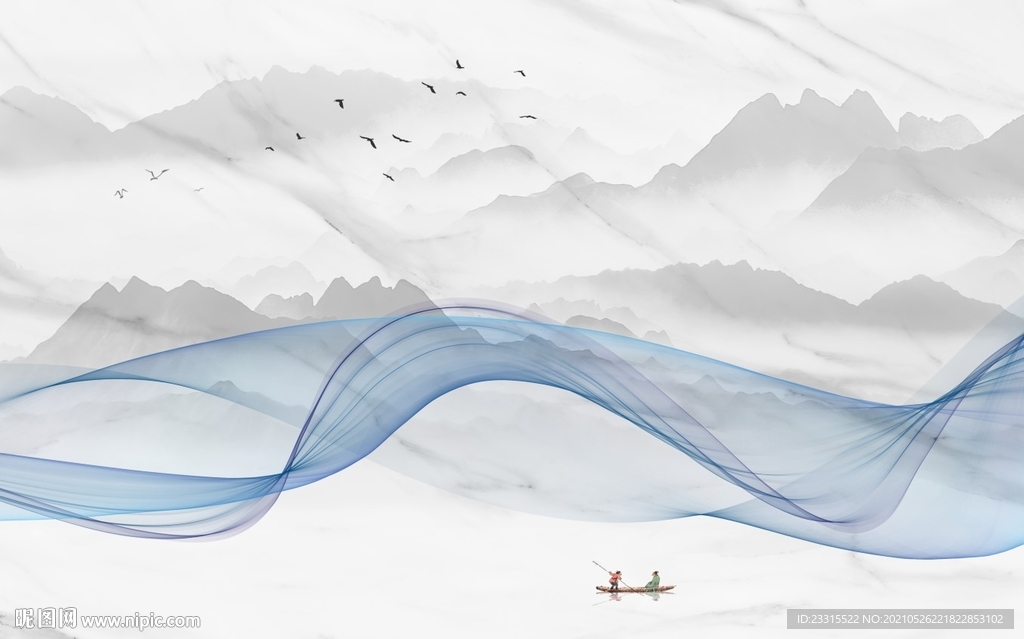 爵士白山水曲线烟雾电视背景墙