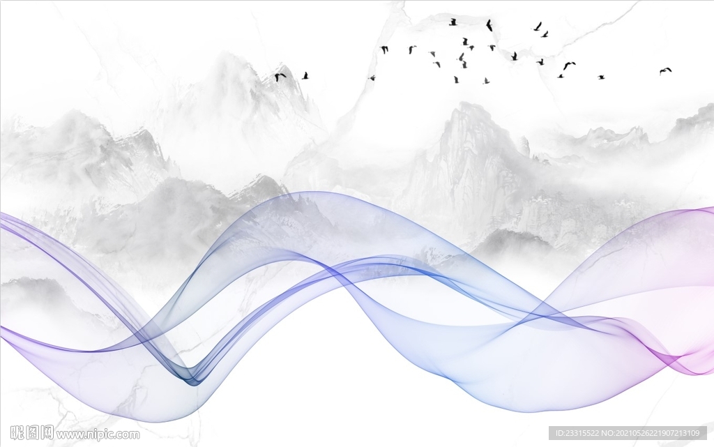 新中式爵士白曲线山水背景墙