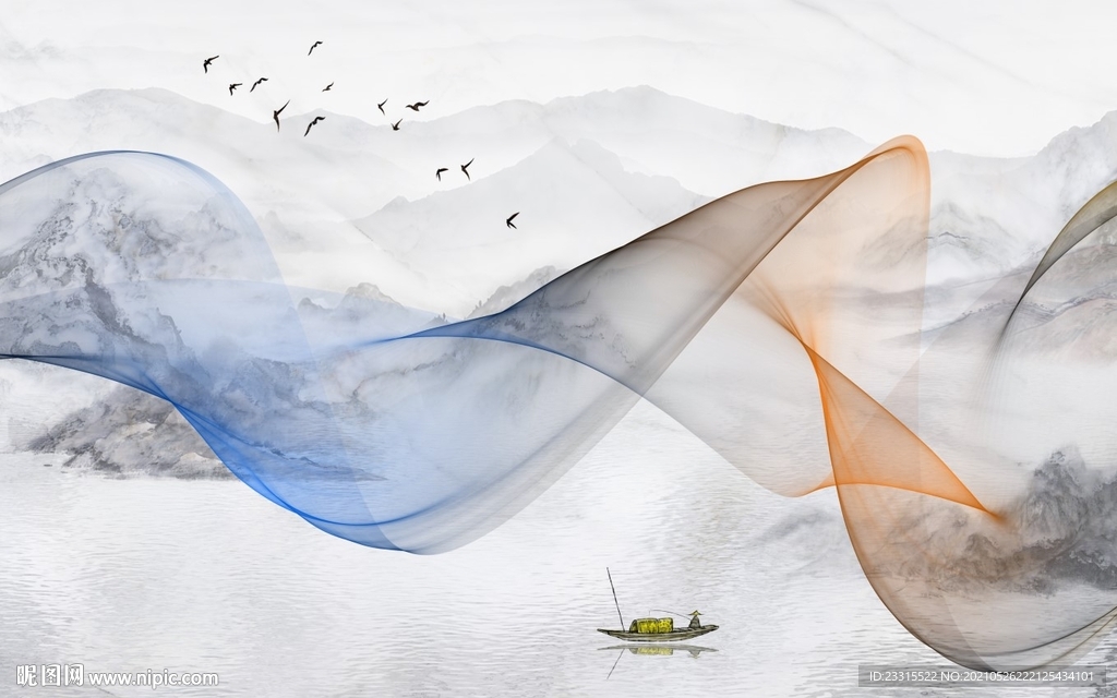 中式山水曲线电视背景墙