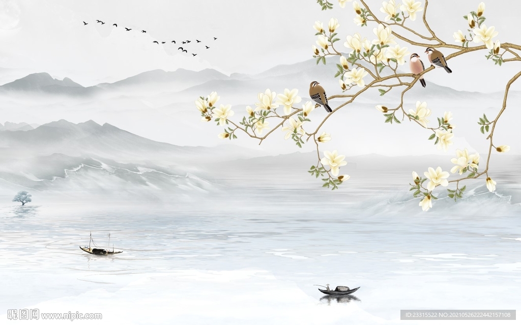 白玉兰画眉山水新中式背景墙