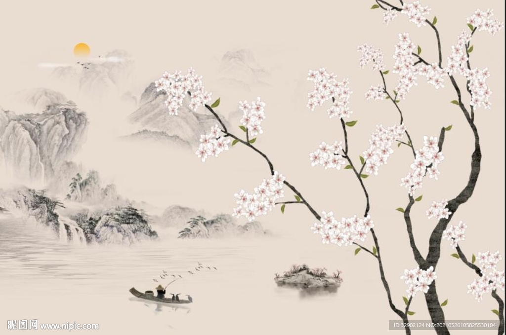 中式工笔玉兰花鸟山水情背景墙