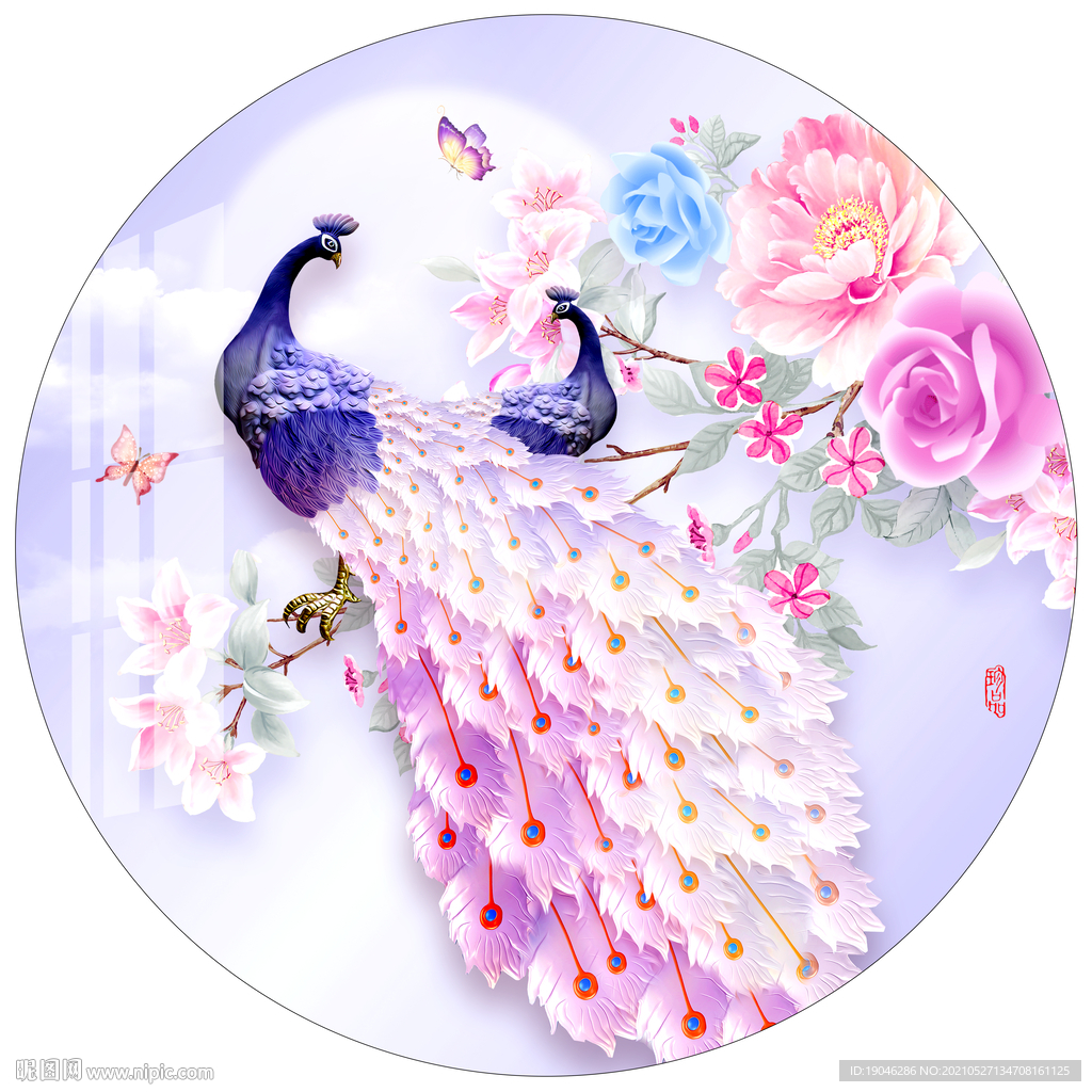 时尚孔雀牡丹圆形装饰画