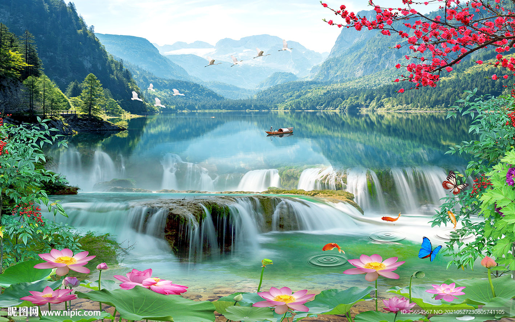 瀑布图中堂画电视背景墙