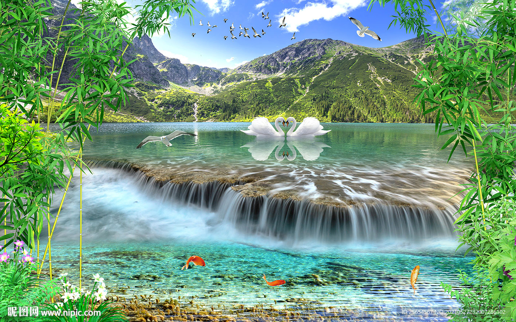 流水生财溪流山水背景墙