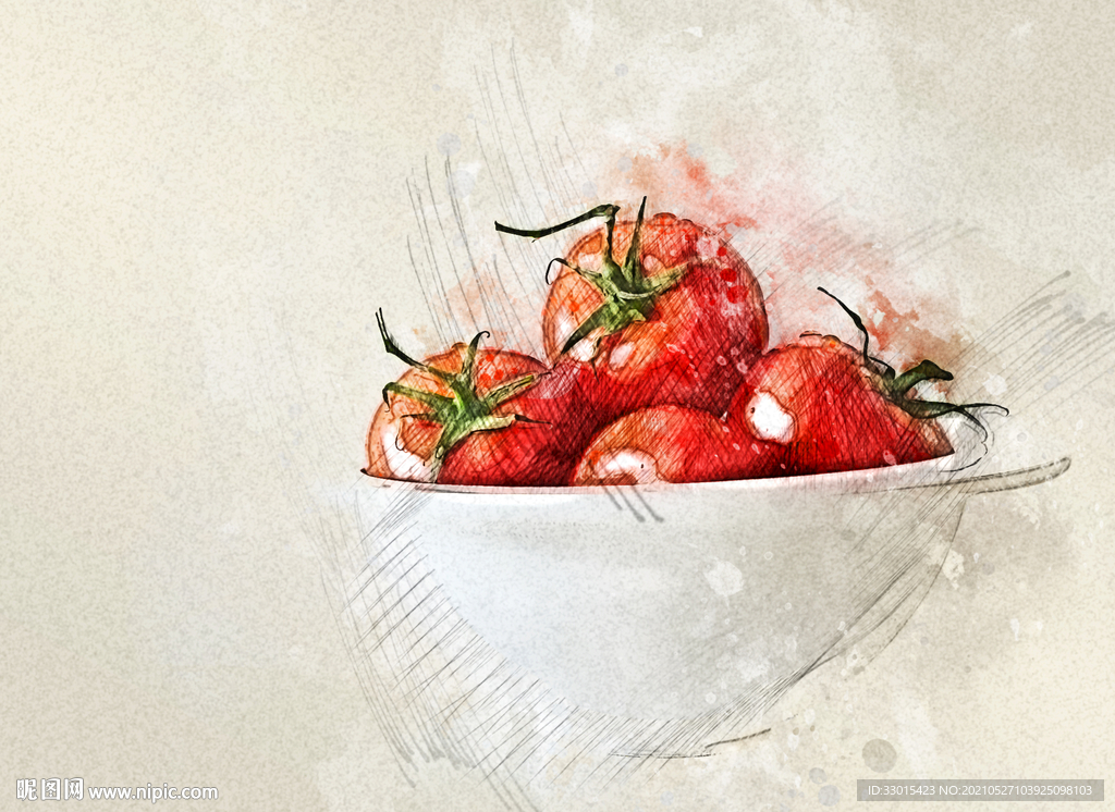 一碗圣女果小番茄手绘插画素描
