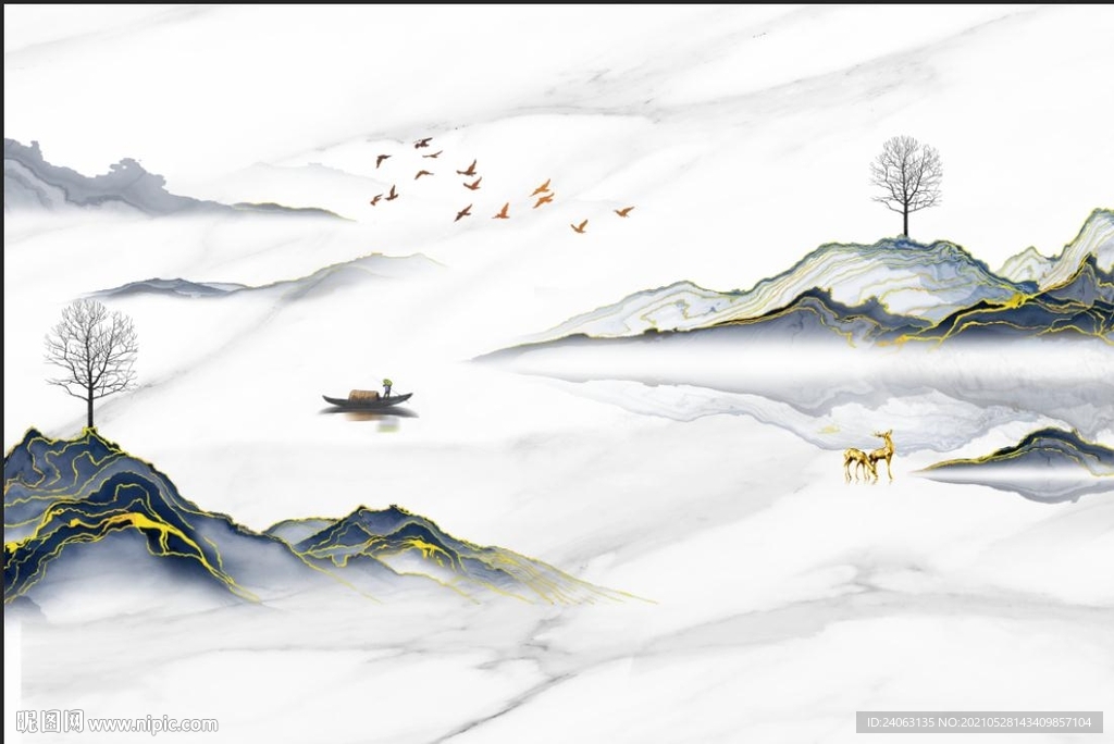 禅意金箔山水爵士白石纹背景墙