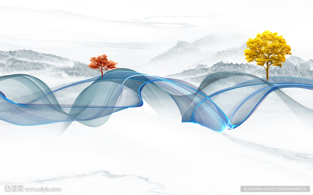 线条 中式风格山水 文件分层 