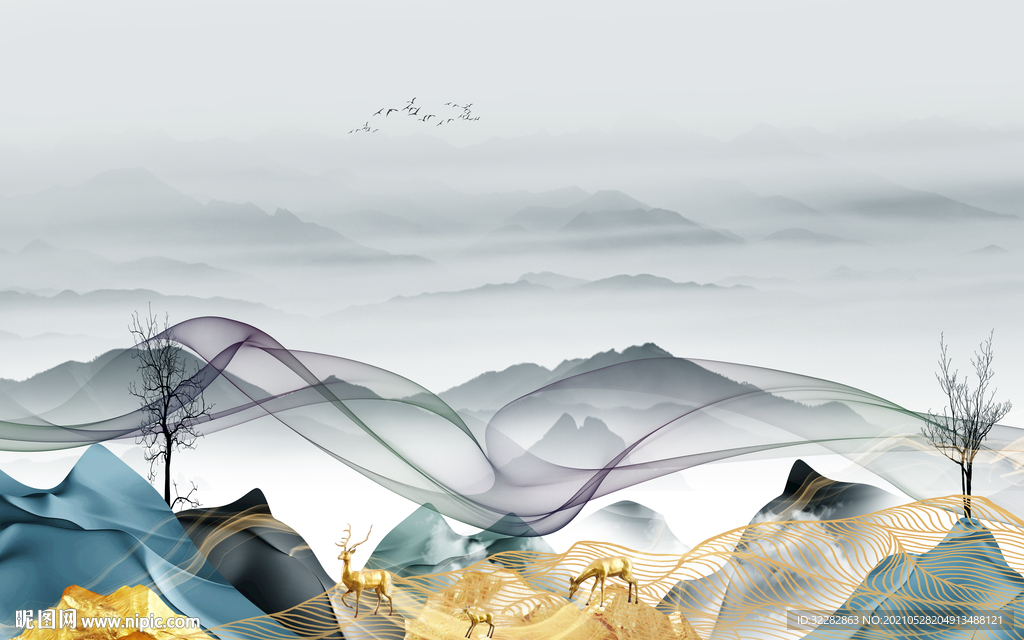 现代 中式风格山水 文件分层 