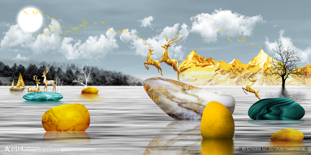 石来运转 麋鹿山水晶瓷画