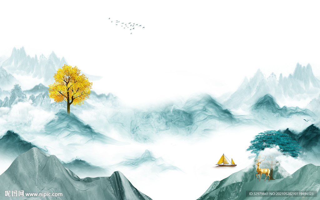 高端高档中式山水 文件分层 