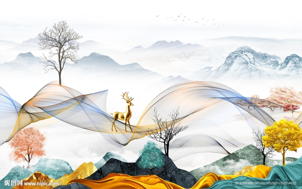 现代 新电视山水画 文件分层画