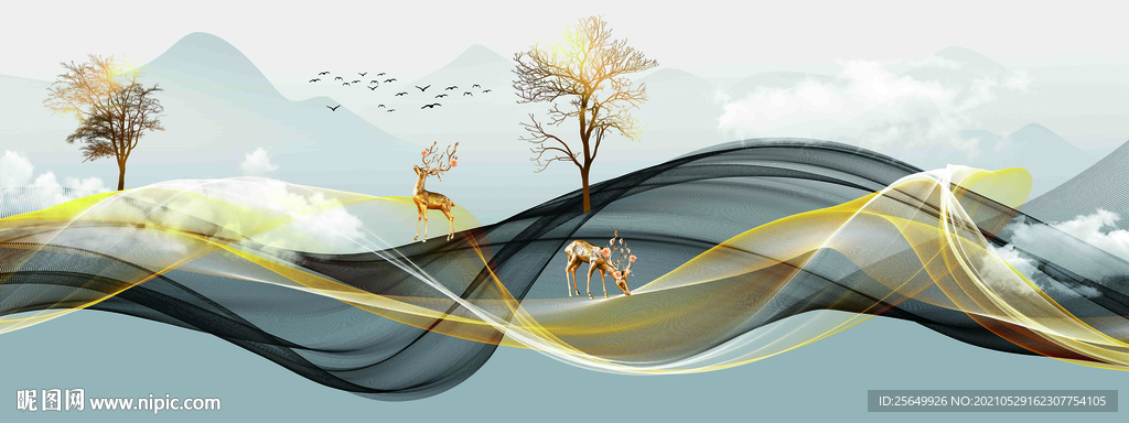 麋鹿发财树空中云朵