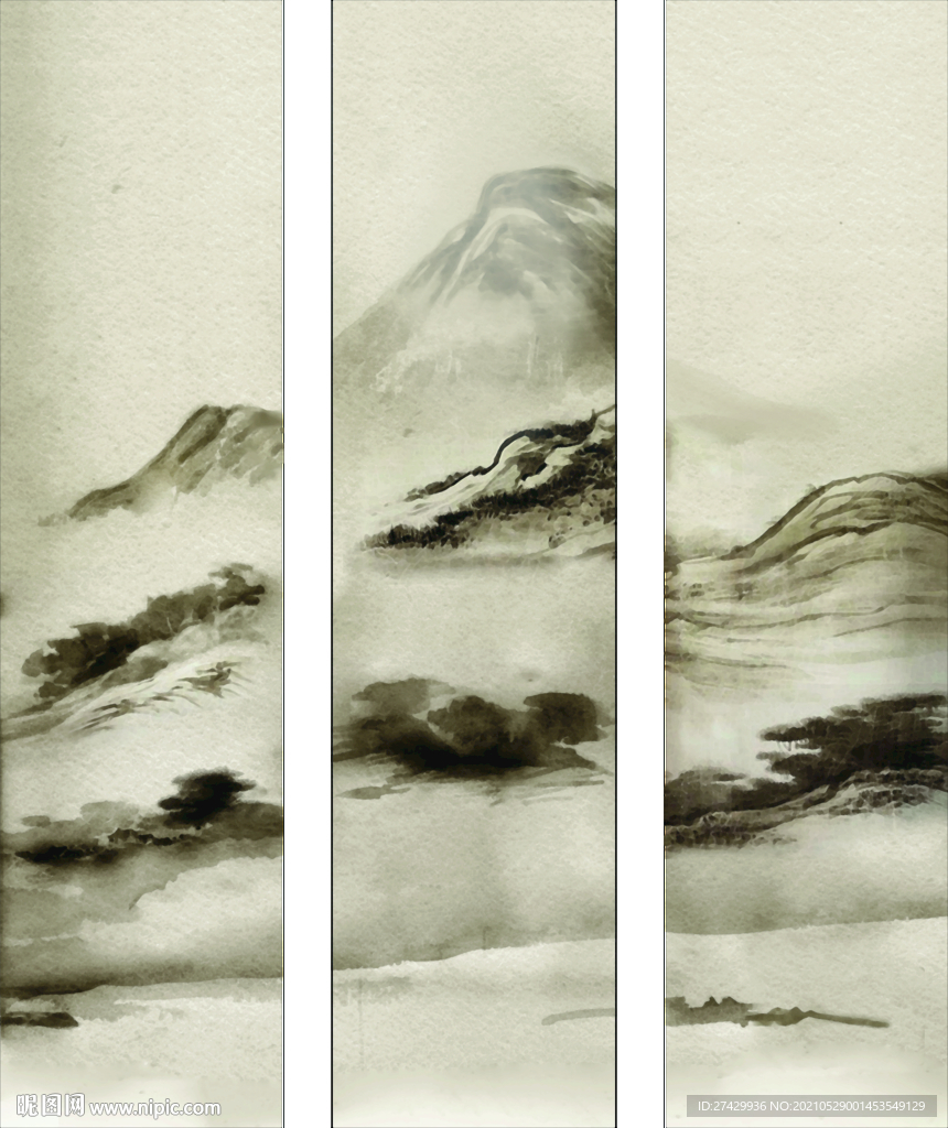 水墨山水三联竖版中式装饰画壁画