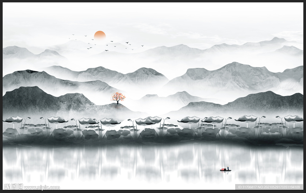 荷花山水画