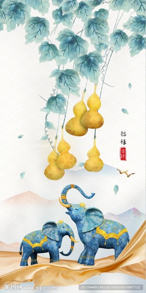 福禄金色葫芦发财麋鹿玄关背景