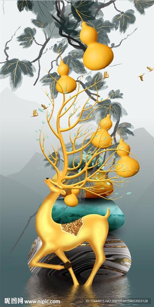 发财葫芦金色麋鹿玄关装饰画