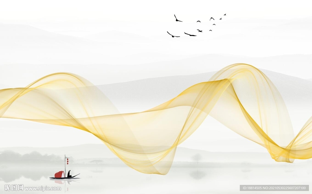 小船曲线山水新中式背景墙