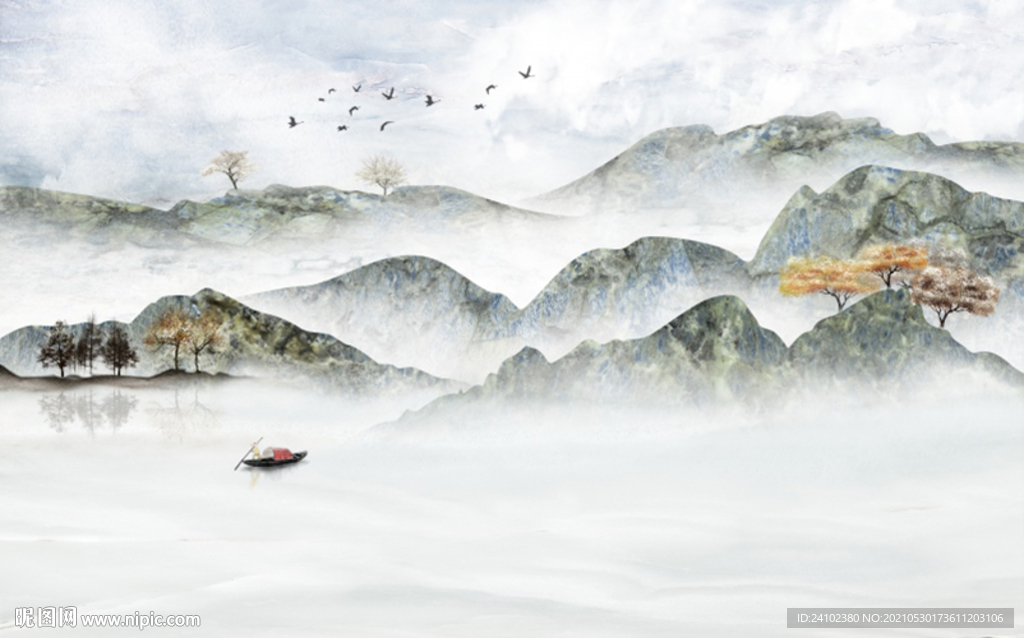 新中式水墨渔船远山飞鸟背景