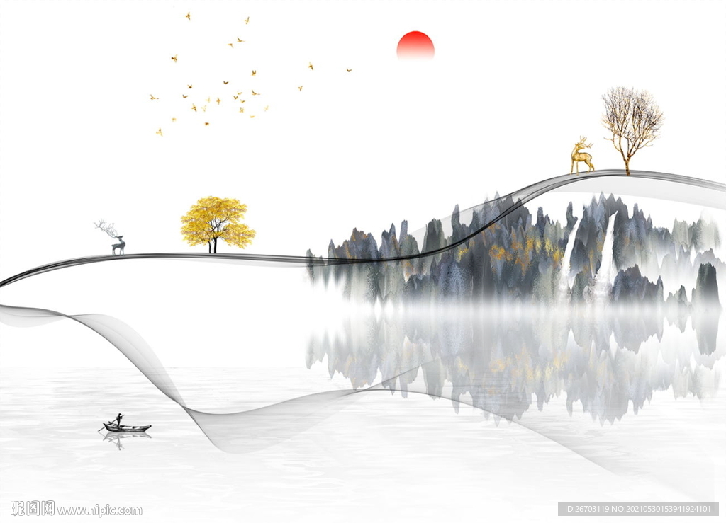 新款爆款现代轻奢山水电视背景墙