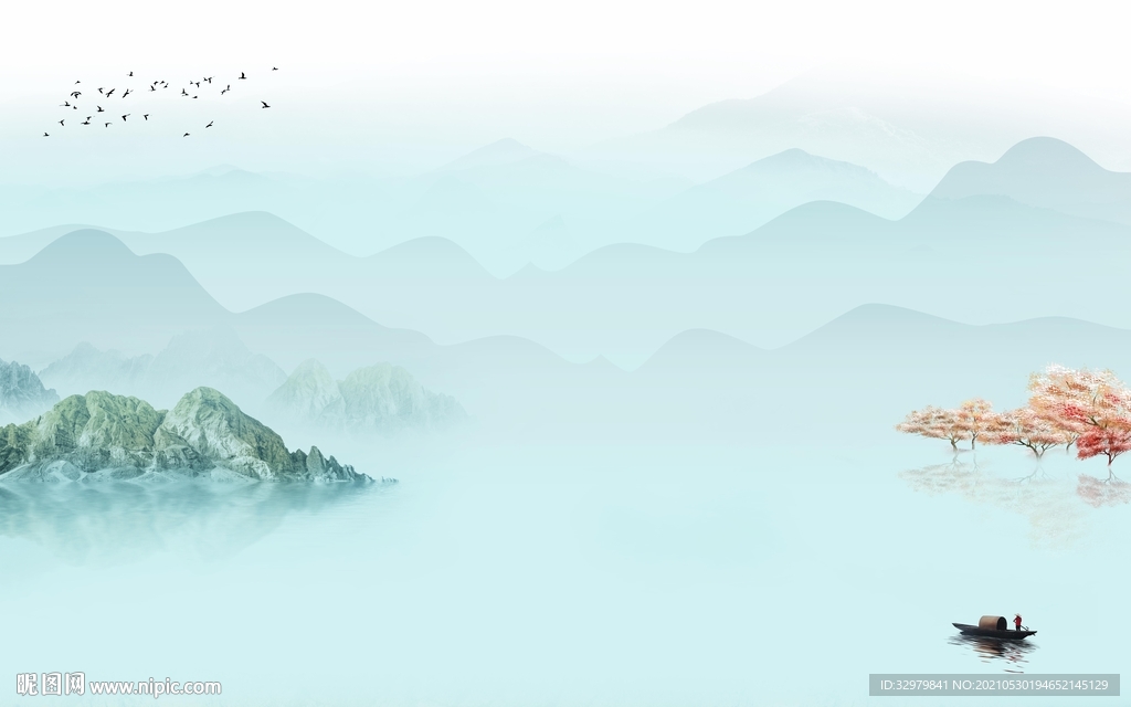 高清 简约中式山水 文件分层 