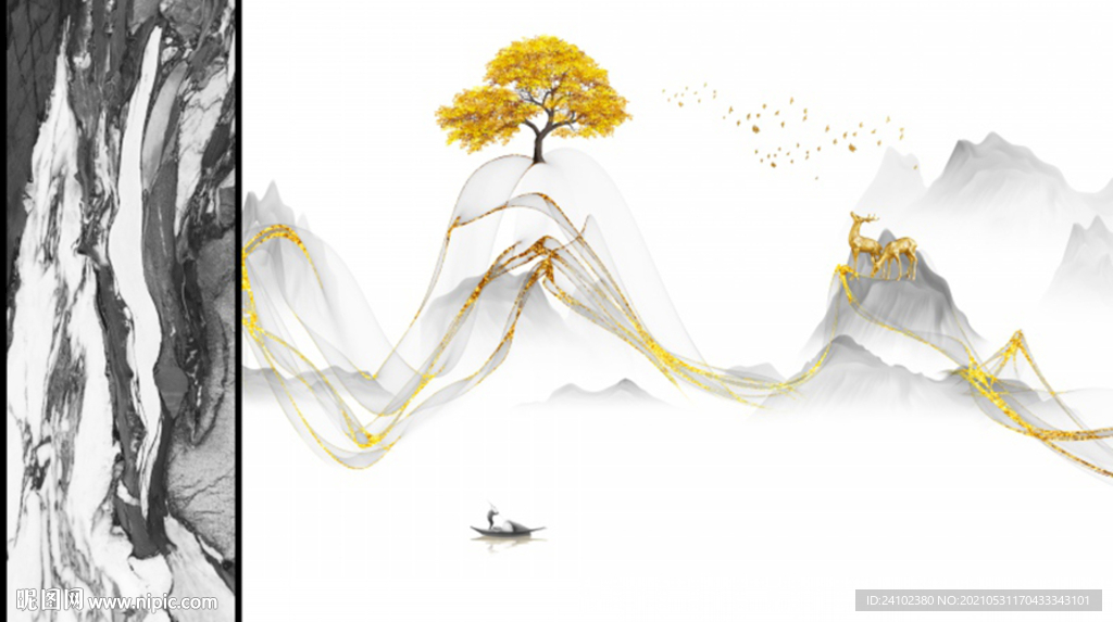 麋鹿发财树石纹轻奢背景