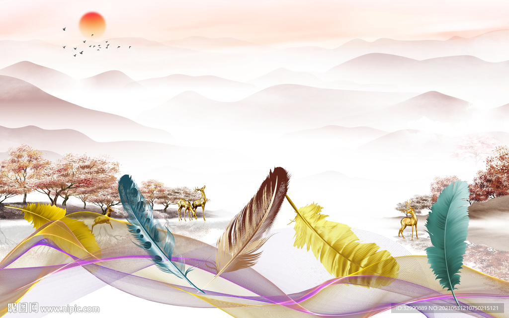 羽毛新背景山水画 文件分层画