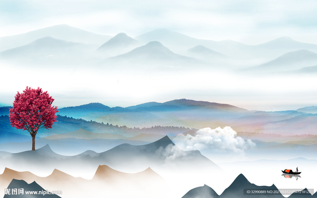 意境新背景山水画 文件分层画