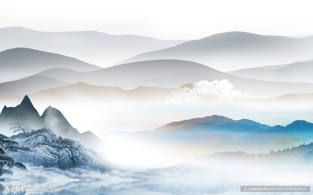 新中式新背景山水画 文件分层画