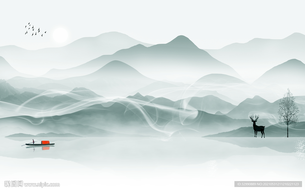 中式新背景山水画 文件分层画