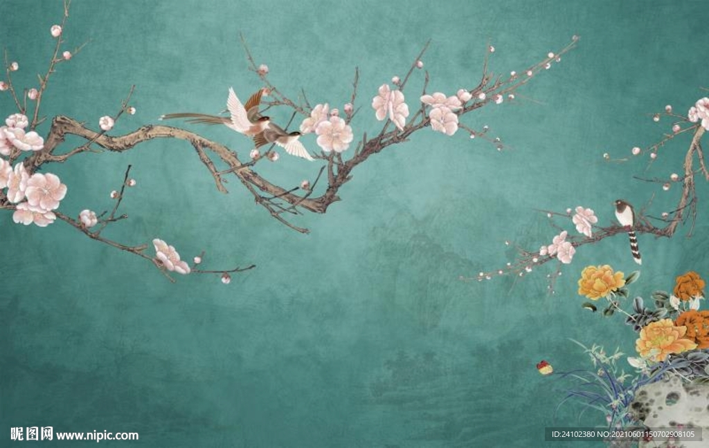 新中式花鸟古典雅致手绘背景