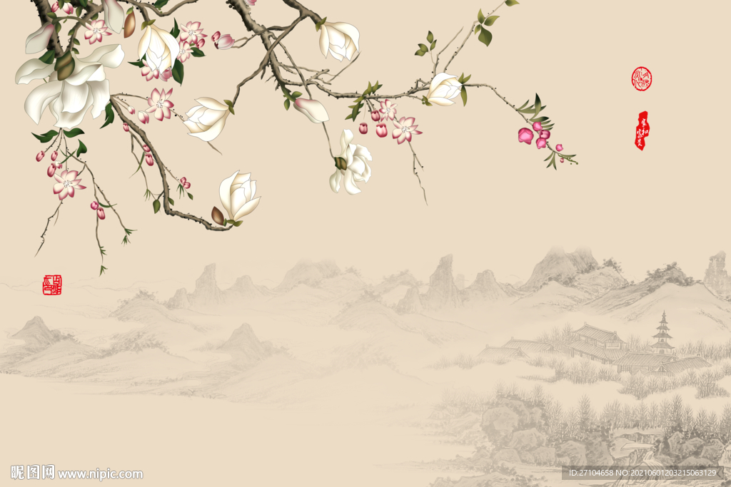 中式玉兰花山水画背景墙