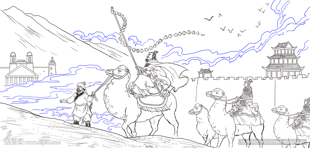 张骞出使西域线描图手绘图